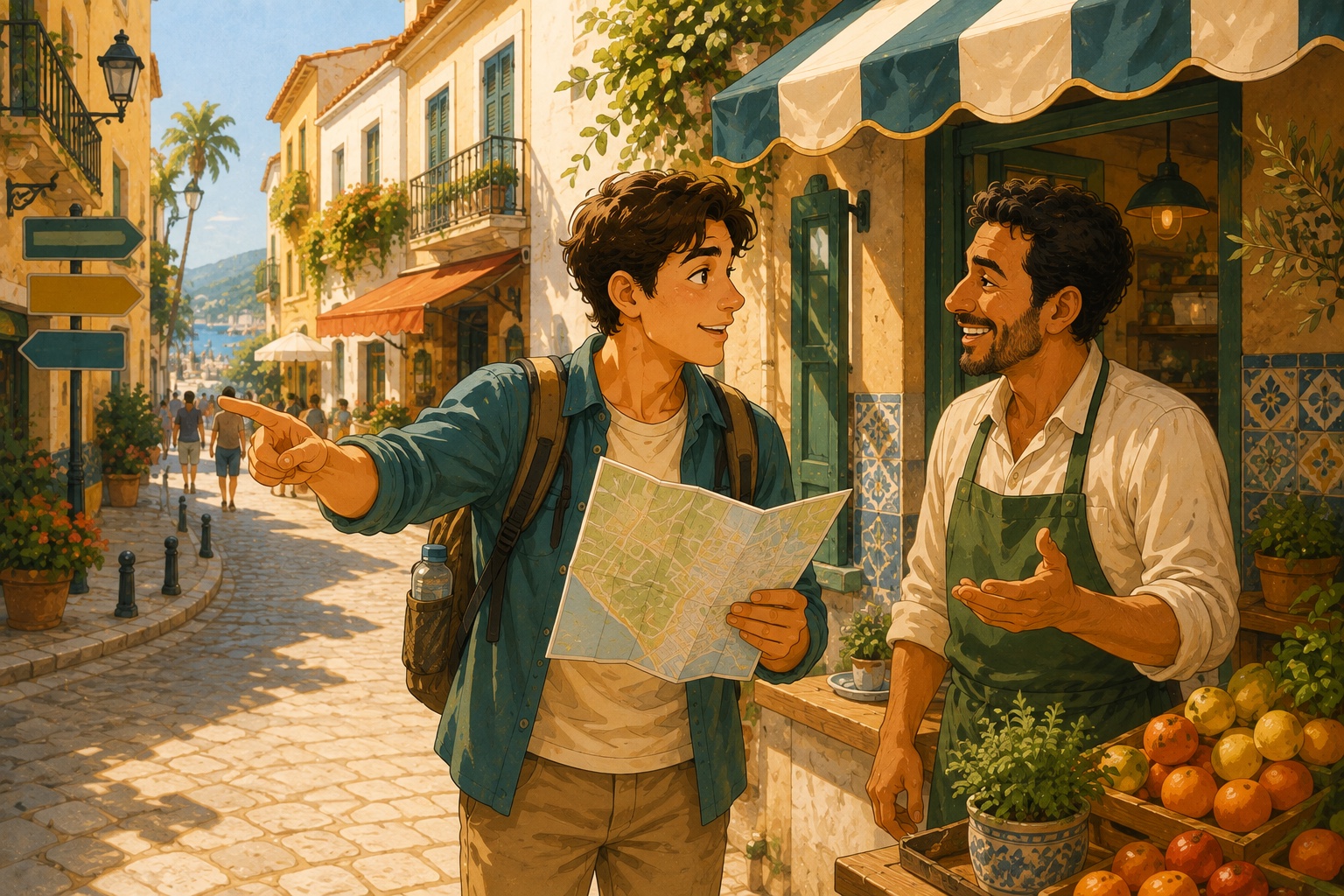 A traveler exploring a sunlit Spanish street lined with cafés
