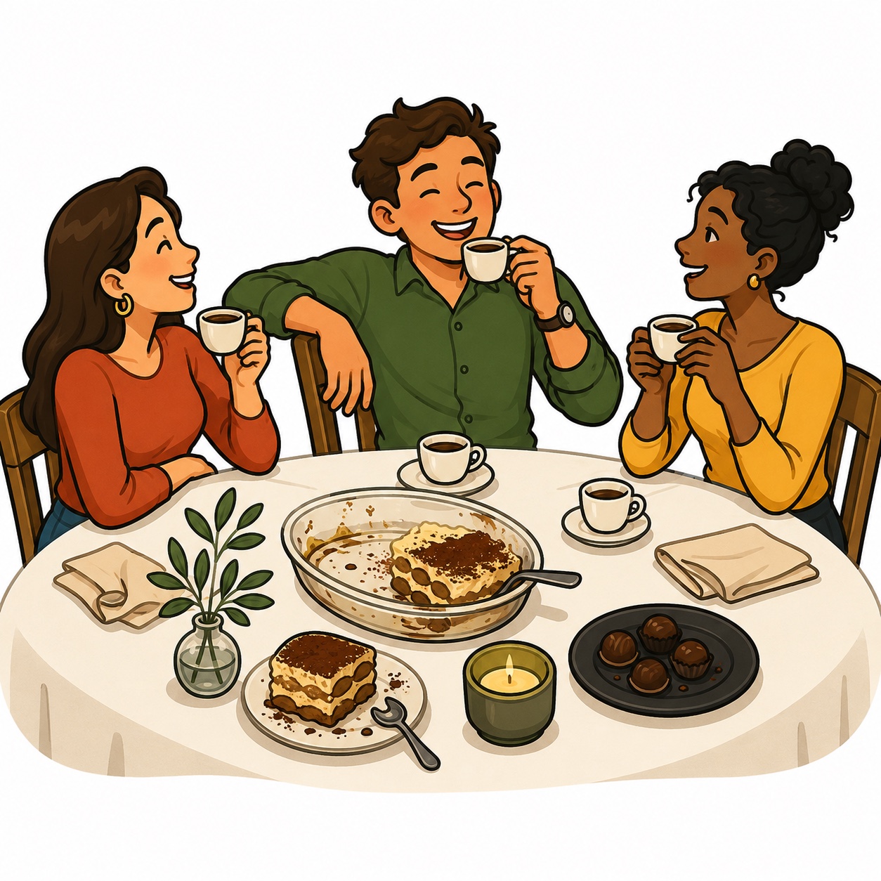 Three friends sharing coffee and dessert after a meal